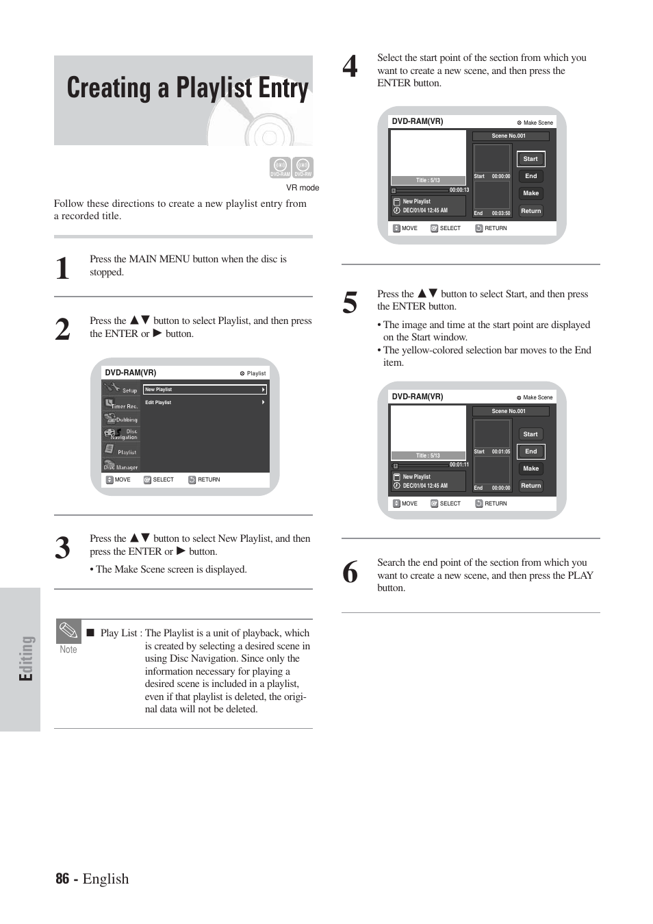Creating a playlist entry, Editing, 86 - english | Hitachi DVRF7U User Manual | Page 86 / 120