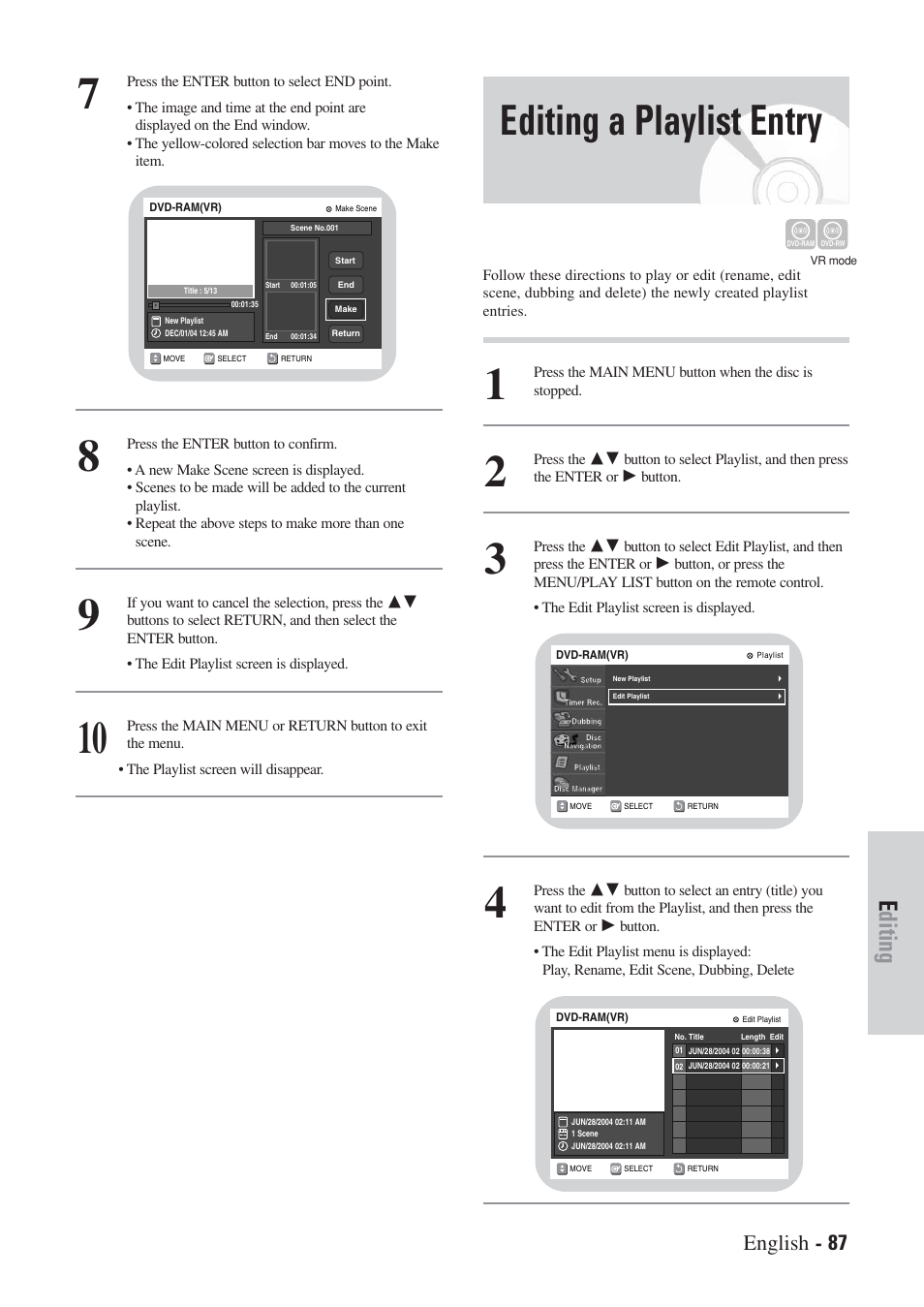 Editing a playlist entry, Editing, English - 87 | Hitachi DVRF7U User Manual | Page 87 / 120