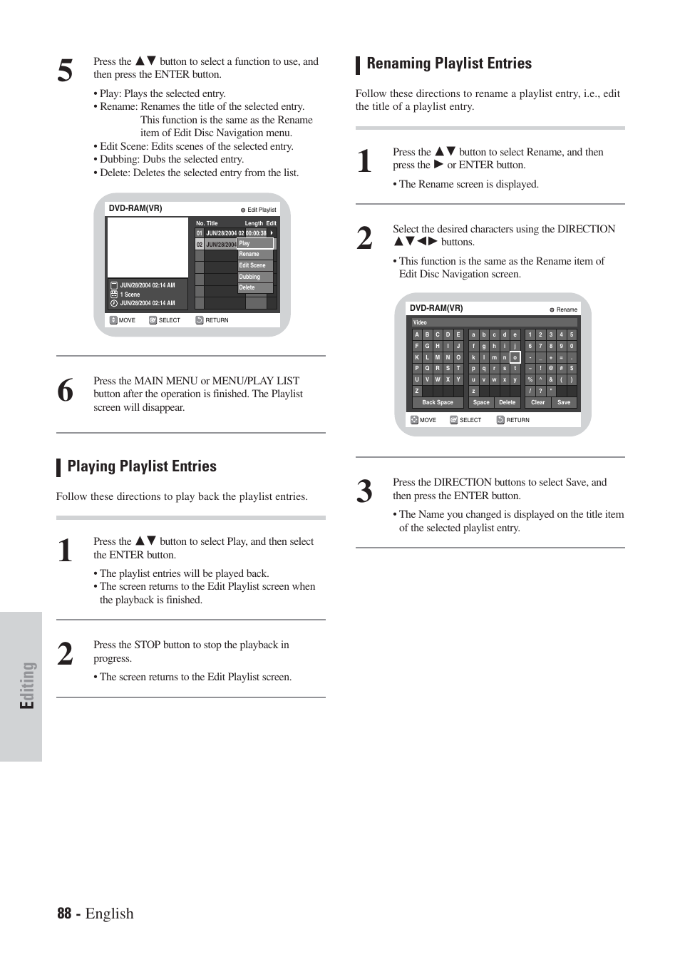 Editing, 88 - english, Playing playlist entries | Renaming playlist entries | Hitachi DVRF7U User Manual | Page 88 / 120
