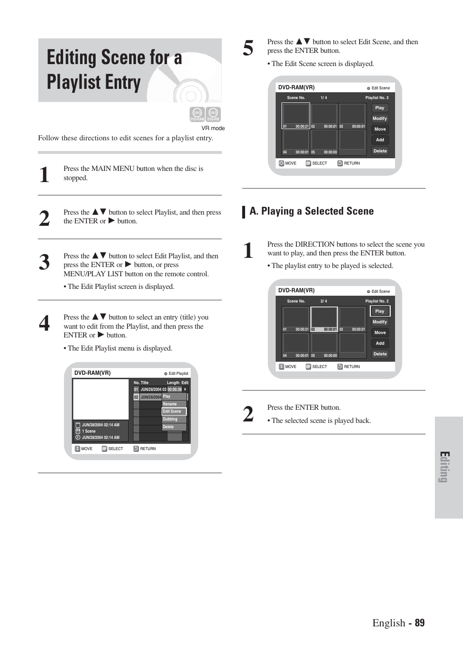 Editing scene for a playlist entry, Editing, English - 89 | A. playing a selected scene | Hitachi DVRF7U User Manual | Page 89 / 120