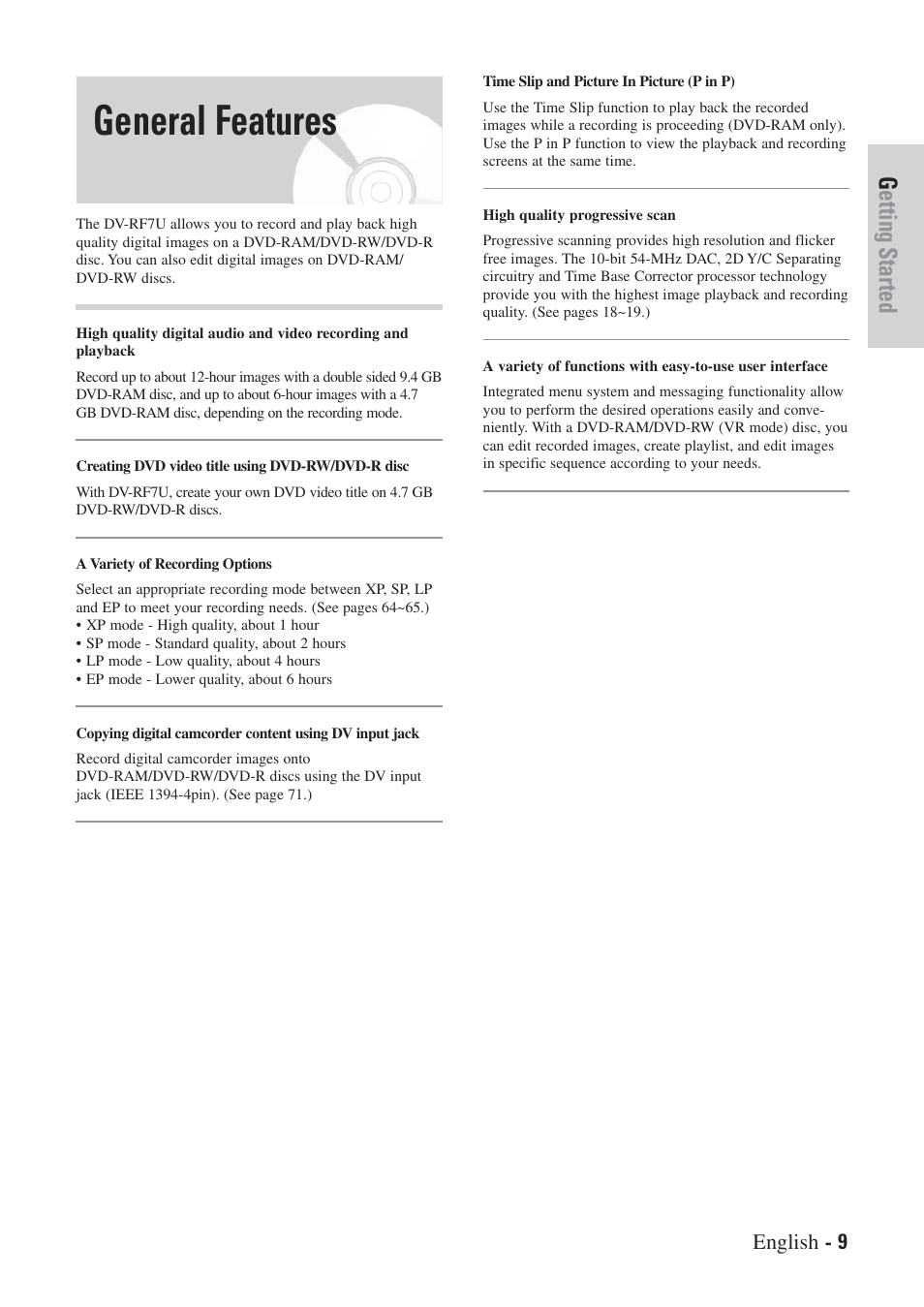 General features, Getting started, English - 9 | Hitachi DVRF7U User Manual | Page 9 / 120