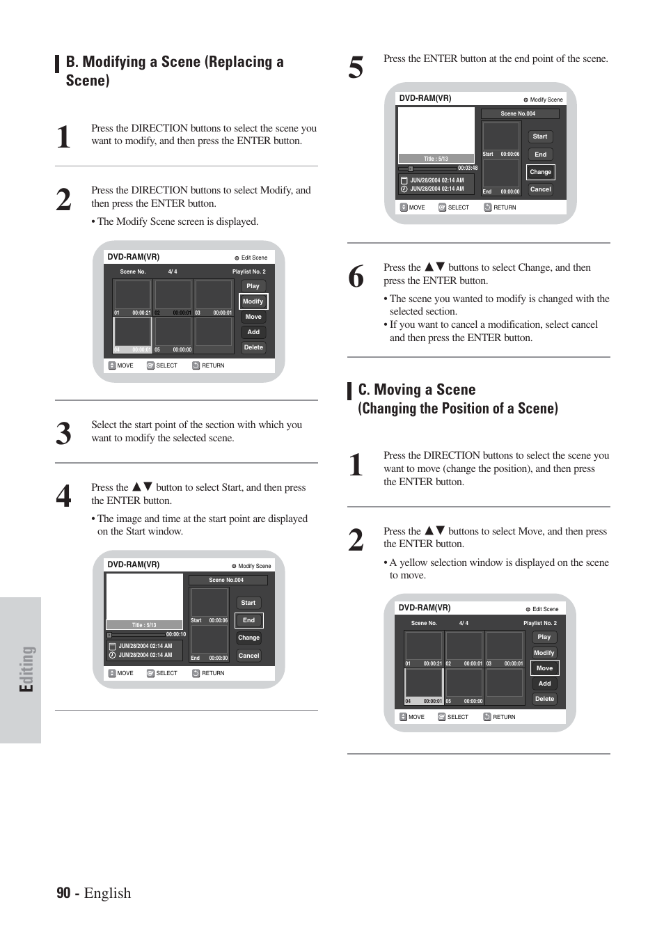 Editing, 90 - english, B. modifying a scene (replacing a scene) | Hitachi DVRF7U User Manual | Page 90 / 120