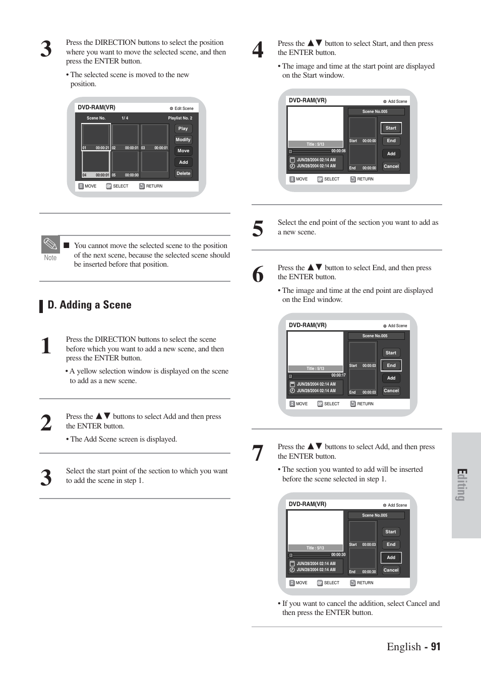 Editing, English - 91, D. adding a scene | Hitachi DVRF7U User Manual | Page 91 / 120