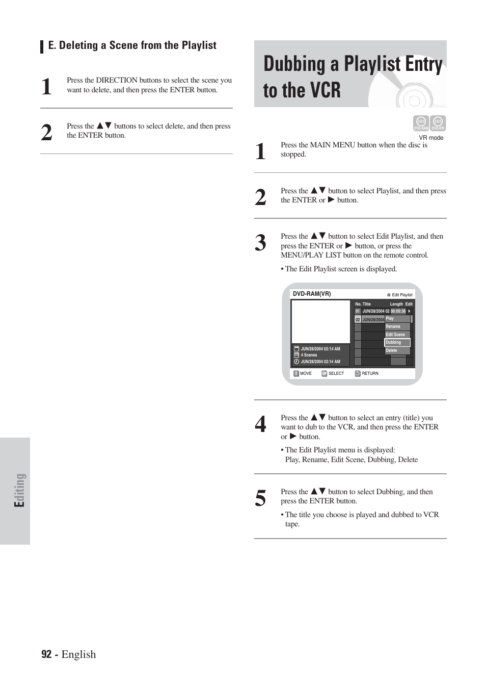 Dubbing a playlist entry to the vcr, Editing, 92 - english | E. deleting a scene from the playlist | Hitachi DVRF7U User Manual | Page 92 / 120