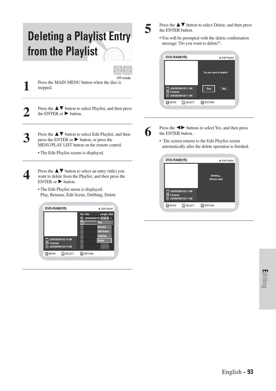 Deleting a playlist entry from the playlist, Editing, English - 93 | Hitachi DVRF7U User Manual | Page 93 / 120