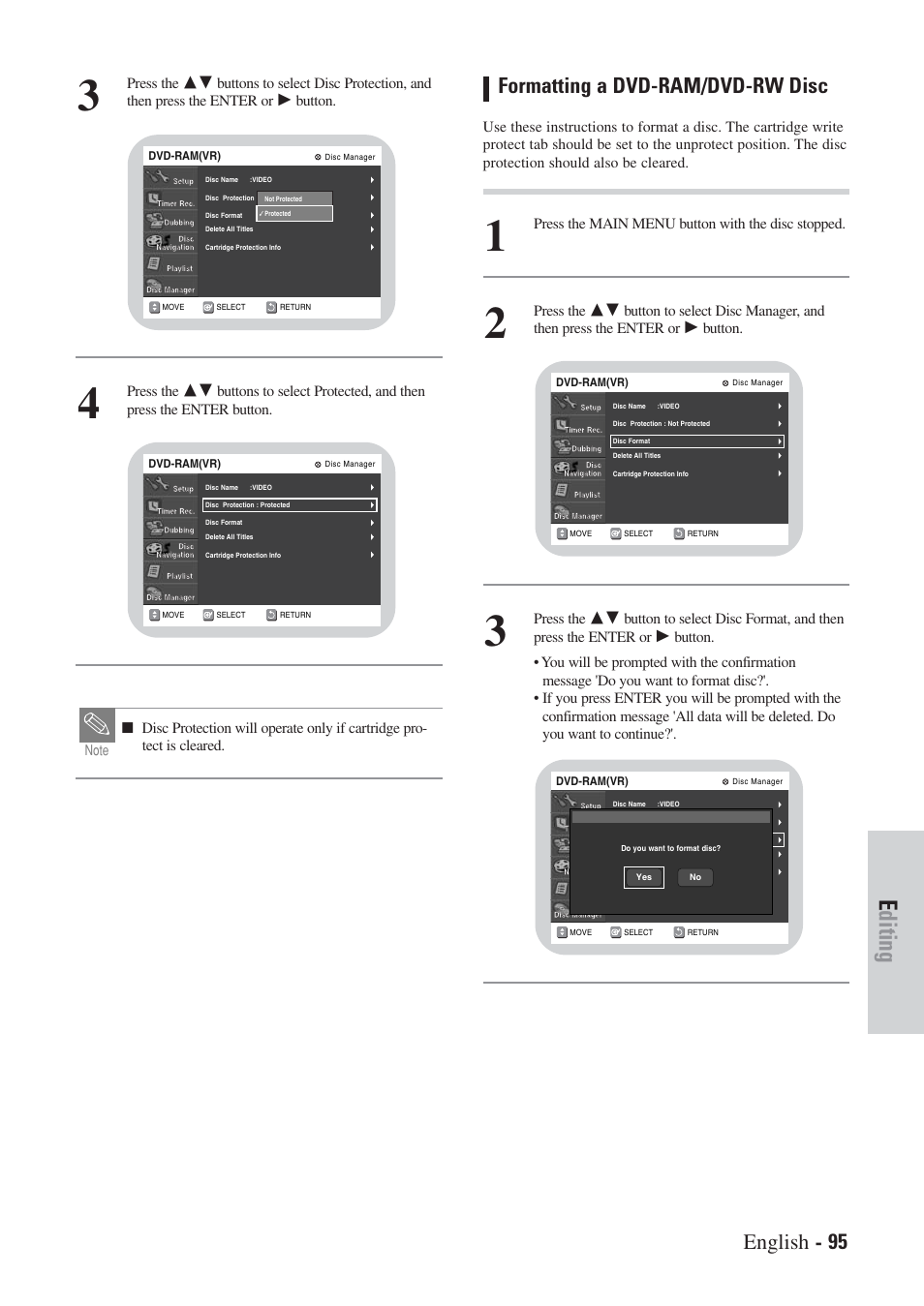 Editing, English - 95, Formatting a dvd-ram/dvd-rw disc | Hitachi DVRF7U User Manual | Page 95 / 120