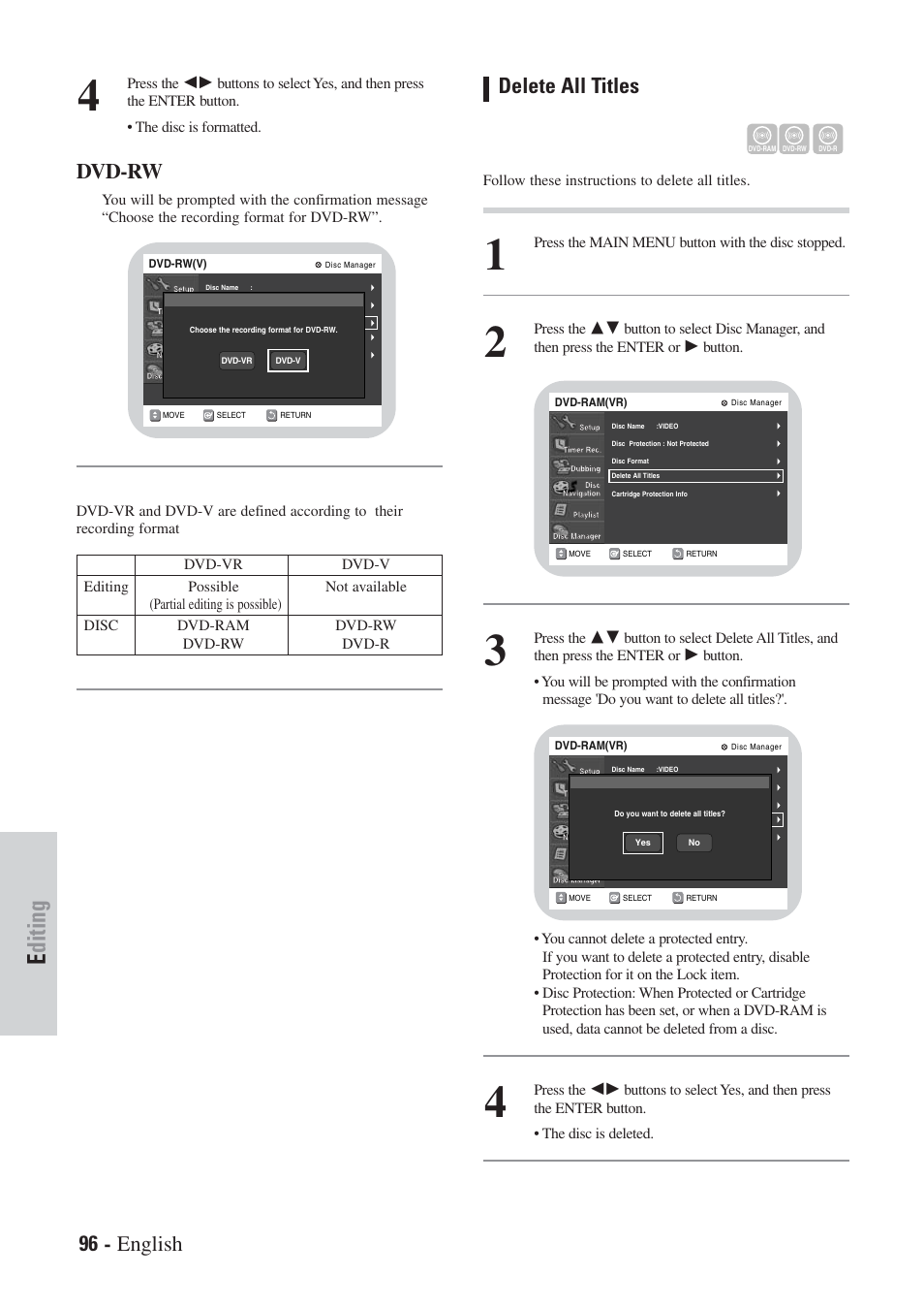 Editing, Dvd-rw, 96 - english | Delete all titles | Hitachi DVRF7U User Manual | Page 96 / 120