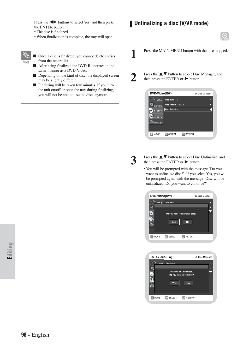 Editing, 98 - english, Unfinalizing a disc (v/vr mode) | Hitachi DVRF7U User Manual | Page 98 / 120