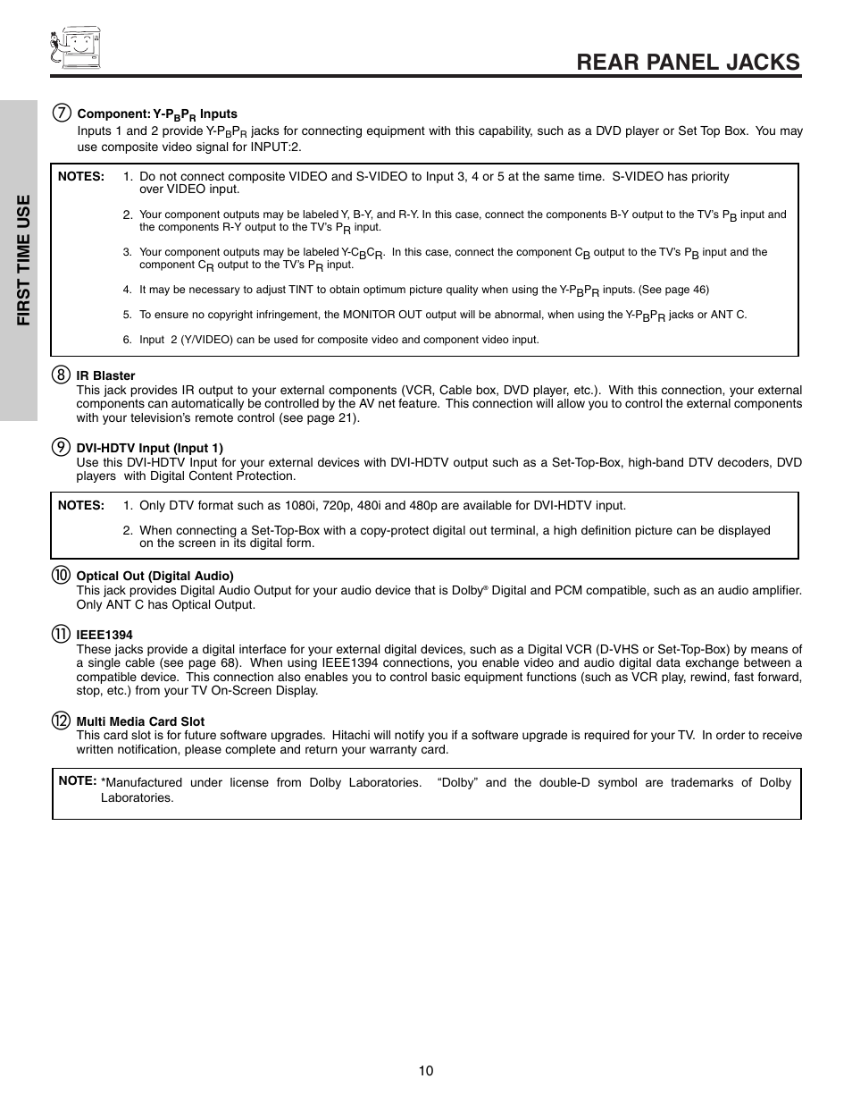 Rear panel jacks | Hitachi 57T600 User Manual | Page 10 / 80