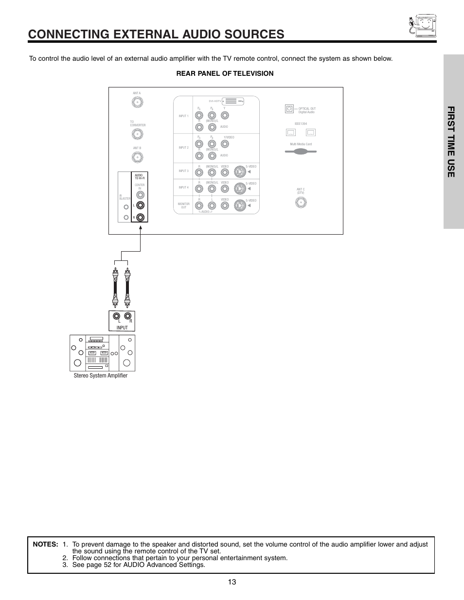 Connecting external audio sources, First time use, Stereo system amplifier | Hitachi 57T600 User Manual | Page 13 / 80