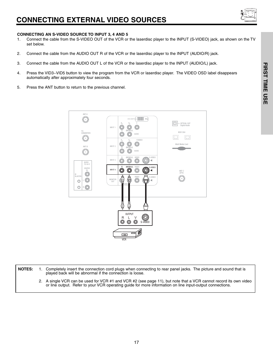 Connecting external video sources, First time use | Hitachi 57T600 User Manual | Page 17 / 80