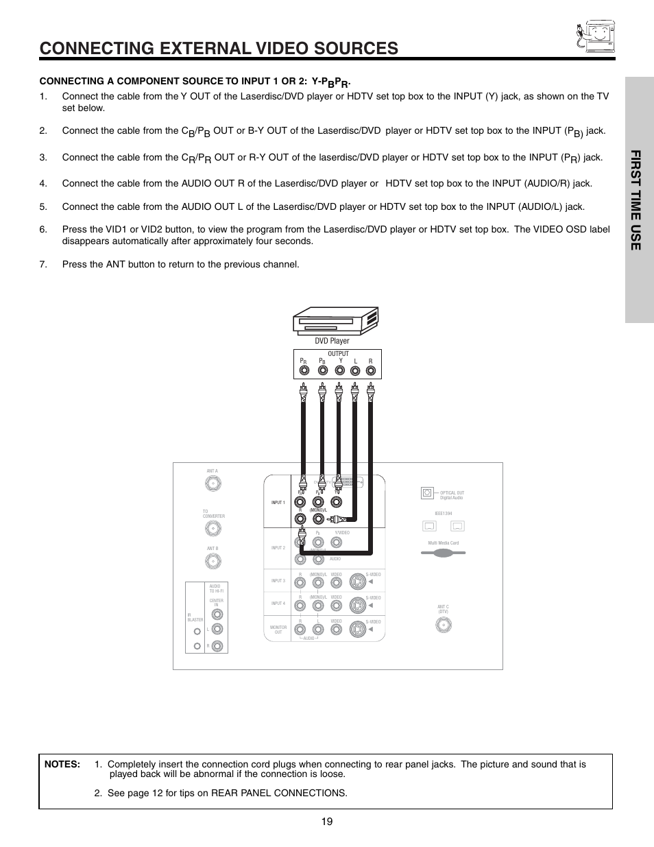 Connecting external video sources, First time use | Hitachi 57T600 User Manual | Page 19 / 80