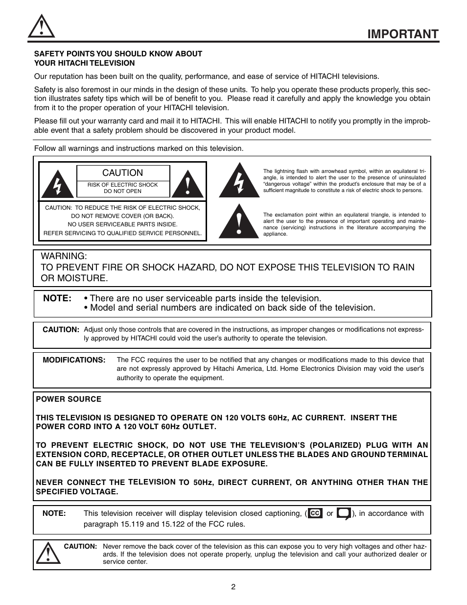 Important, Caution | Hitachi 57T600 User Manual | Page 2 / 80