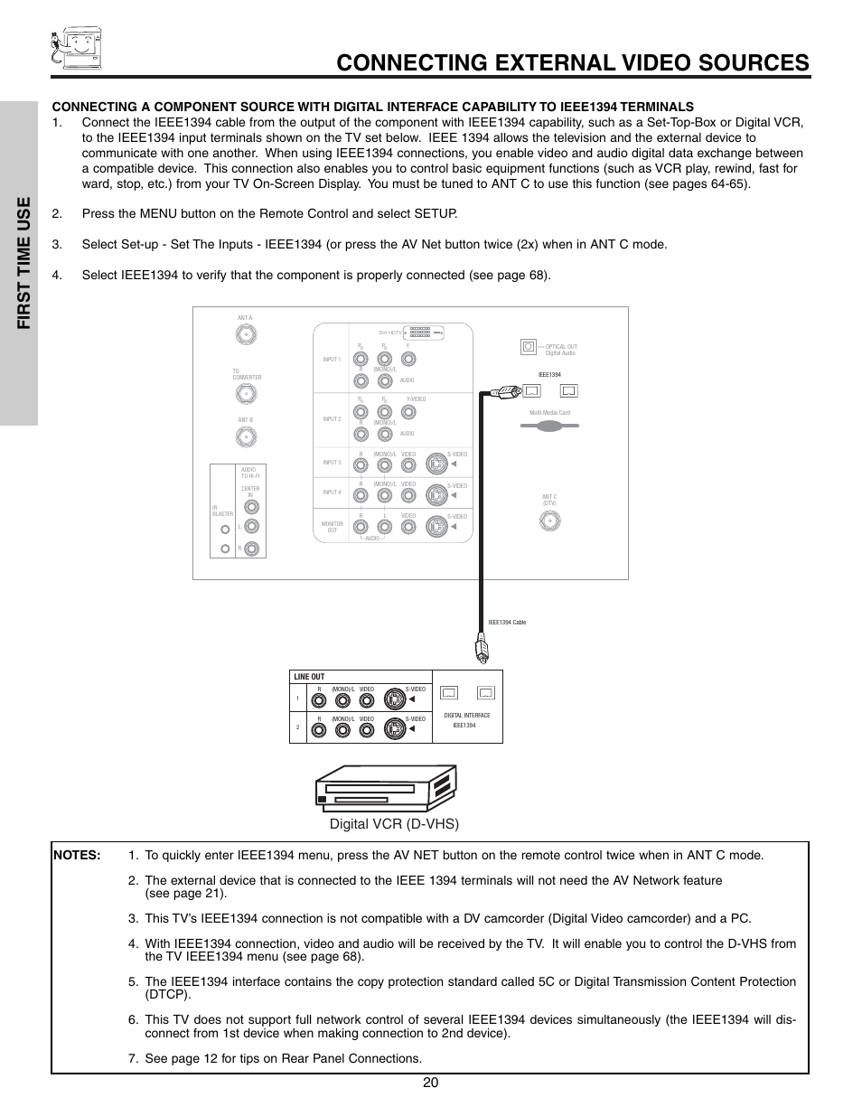 Connecting external video sources, First time use, Digital vcr (d-vhs) | Hitachi 57T600 User Manual | Page 20 / 80