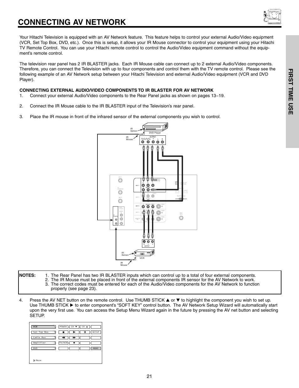 Connecting av network, First time use | Hitachi 57T600 User Manual | Page 21 / 80