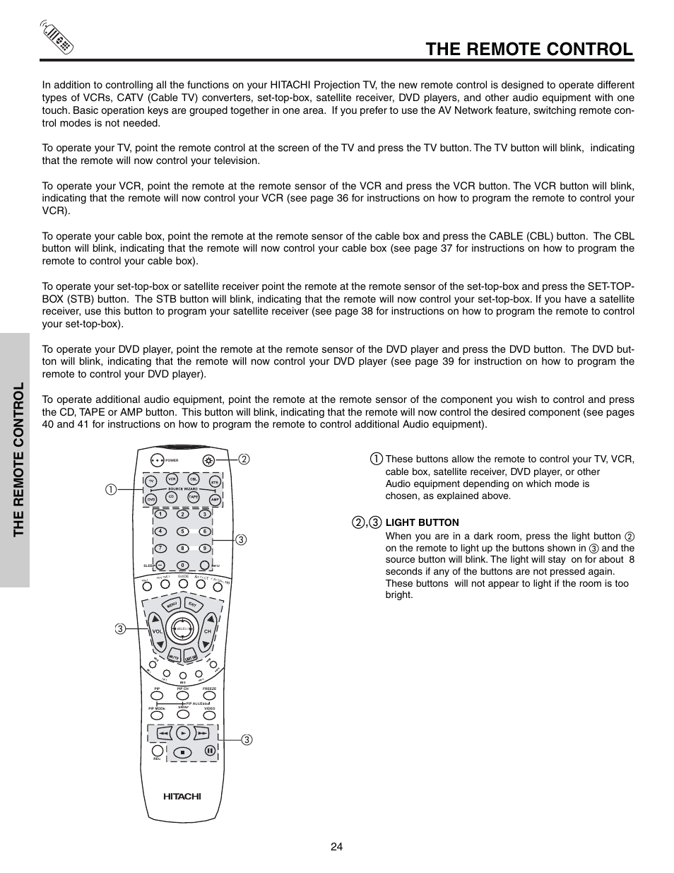 The remote control, The remo te contr ol | Hitachi 57T600 User Manual | Page 24 / 80