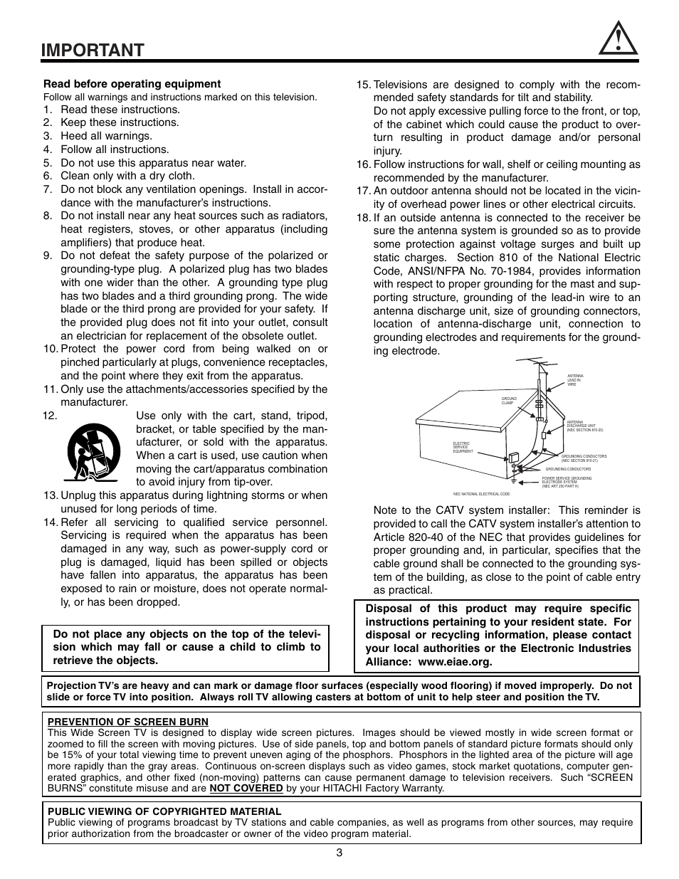 Important | Hitachi 57T600 User Manual | Page 3 / 80