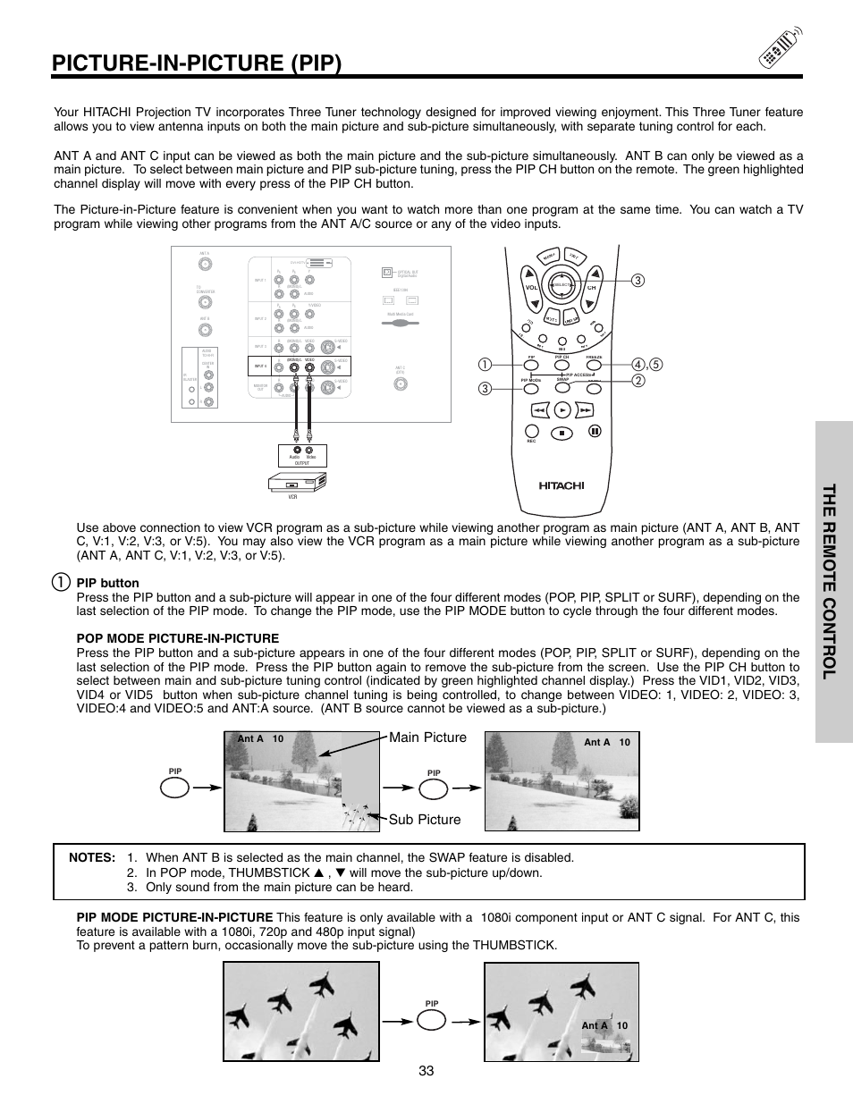 Picture-in-picture (pip), The remo te contr ol, Main picture sub picture | Hitachi 57T600 User Manual | Page 33 / 80