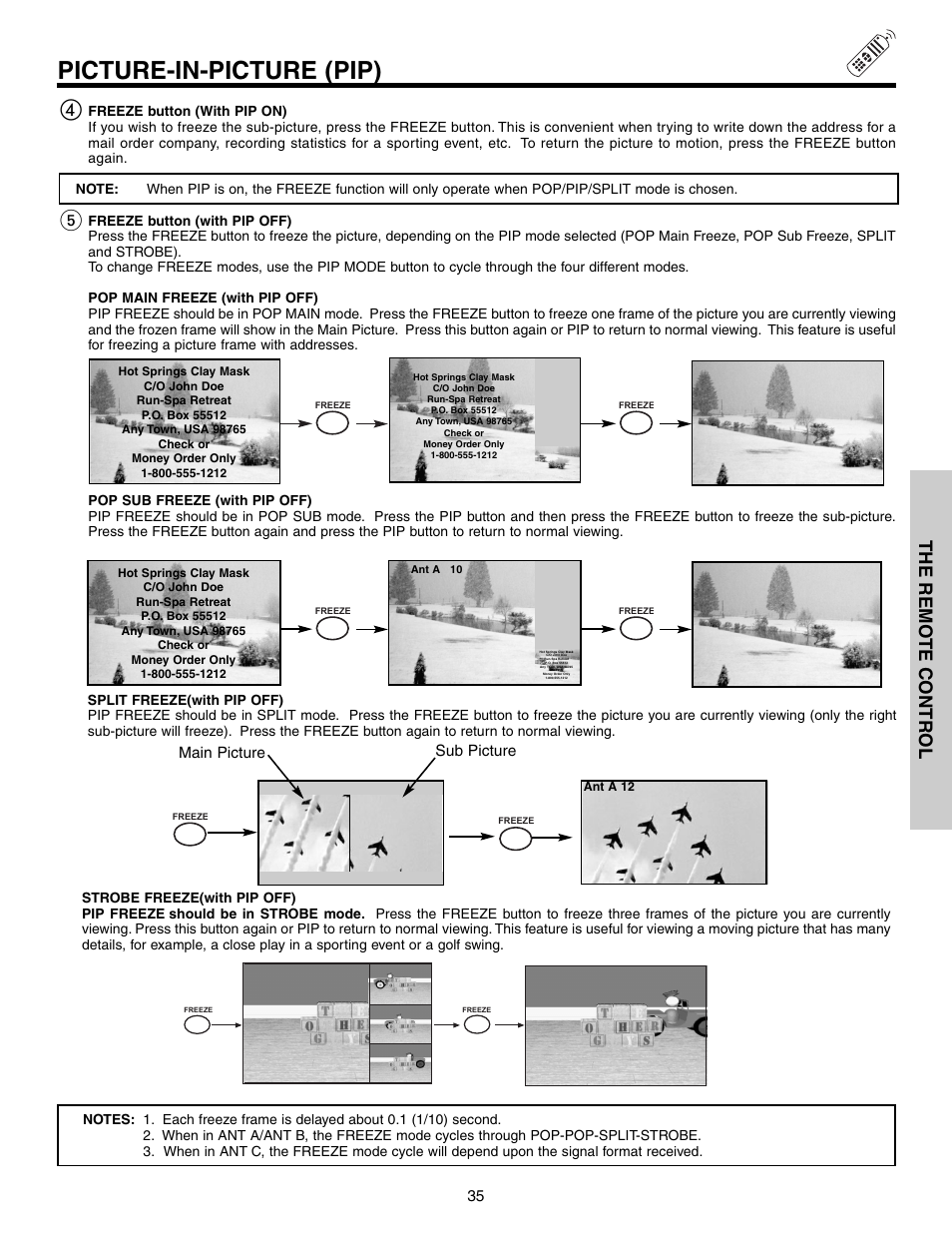 Picture-in-picture (pip), The remo te contr ol, Main picture sub picture | Hitachi 57T600 User Manual | Page 35 / 80