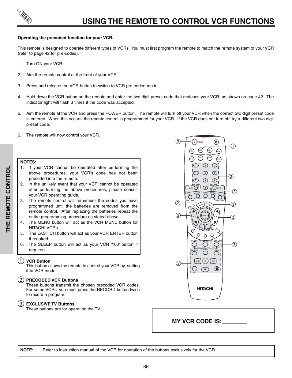 Using the remote to control vcr functions, My vcr code is, The remo te contr ol | Hitachi 57T600 User Manual | Page 36 / 80