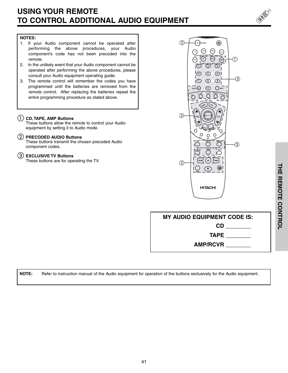 My audio equipment code is | Hitachi 57T600 User Manual | Page 41 / 80