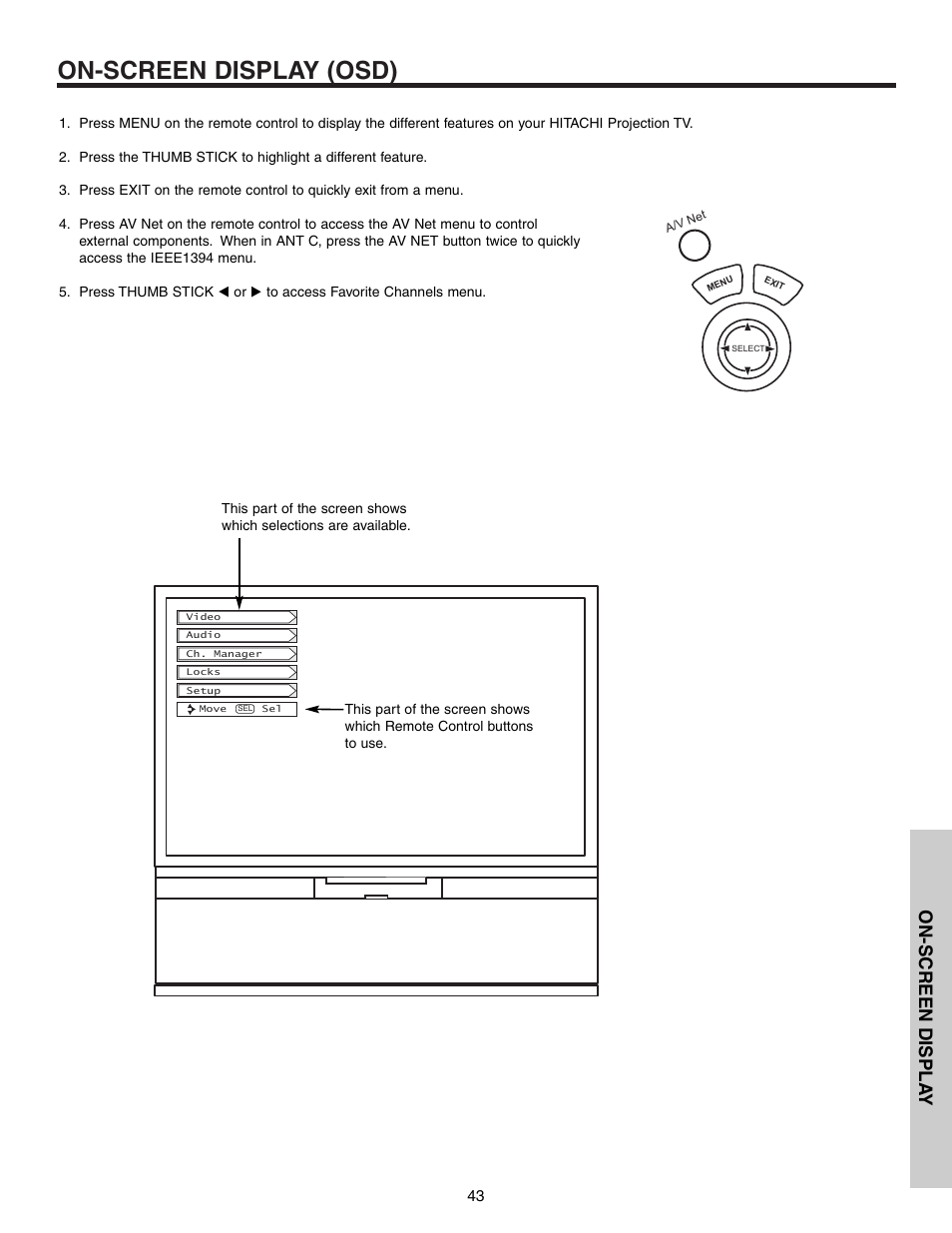 On-screen display (osd), On-screen displa y | Hitachi 57T600 User Manual | Page 43 / 80