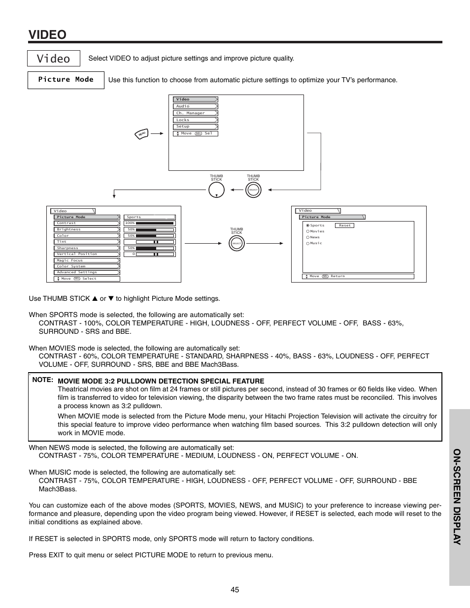 Video, On-screen displa y | Hitachi 57T600 User Manual | Page 45 / 80