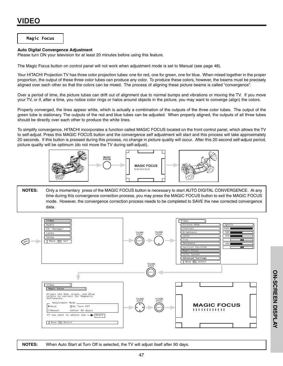 Video, On-screen displa y, Magic focus | Hitachi 57T600 User Manual | Page 47 / 80