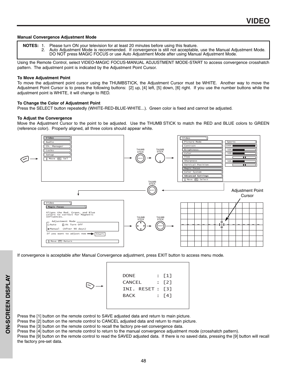 Video, On-screen displa y | Hitachi 57T600 User Manual | Page 48 / 80