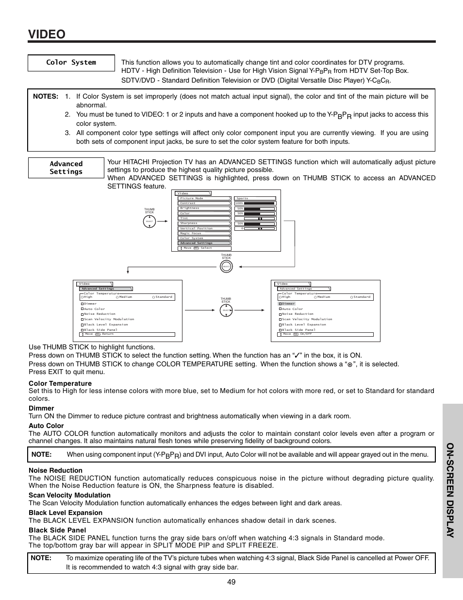 Video, On-screen displa y | Hitachi 57T600 User Manual | Page 49 / 80