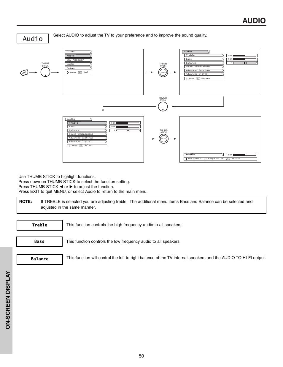 Audio, On-screen displa y | Hitachi 57T600 User Manual | Page 50 / 80