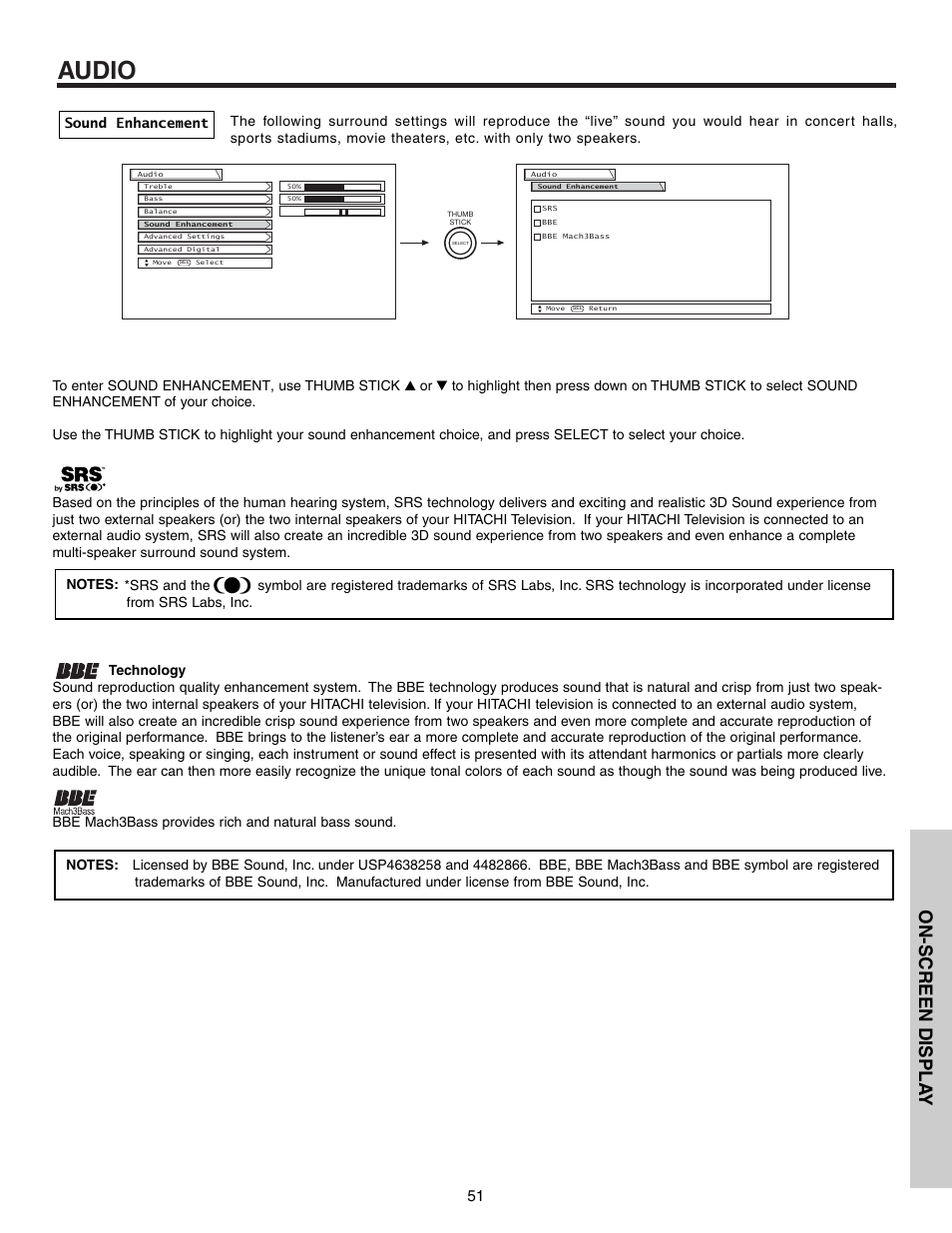 Audio, On-screen displa y | Hitachi 57T600 User Manual | Page 51 / 80