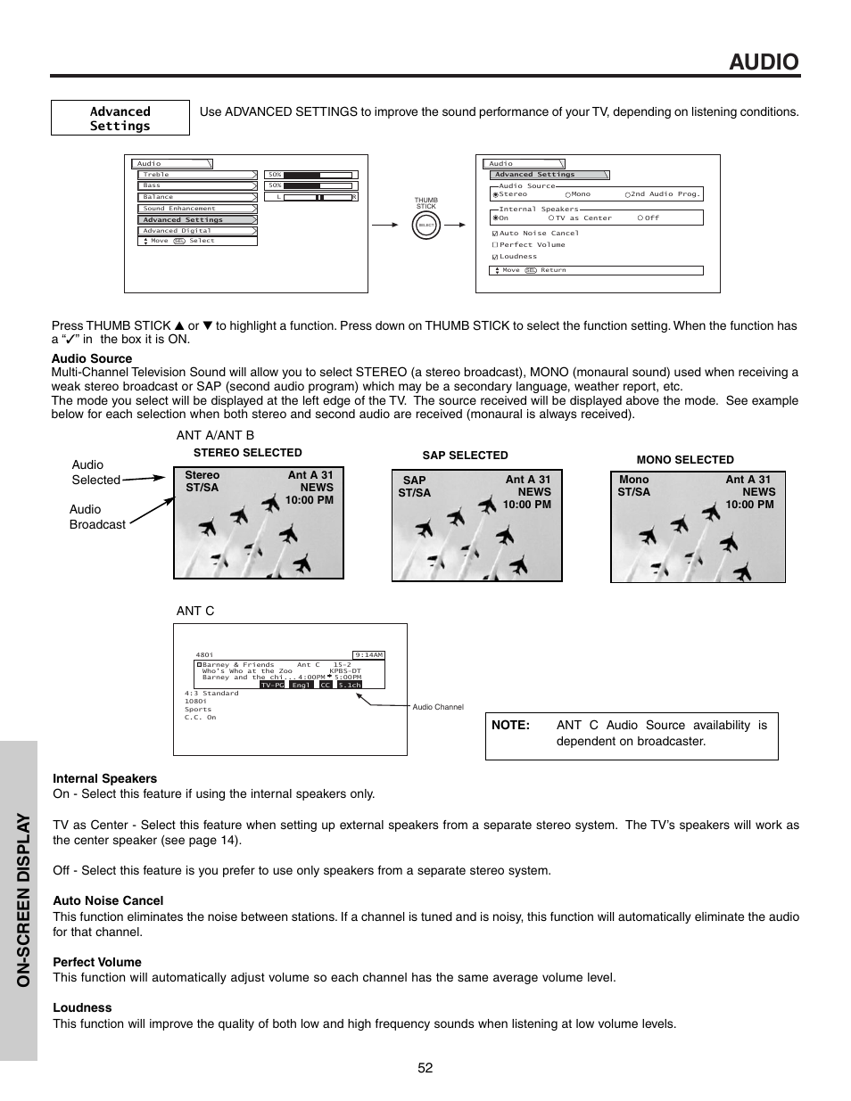 Audio, On-screen displa y, Audio selected audio broadcast | Hitachi 57T600 User Manual | Page 52 / 80