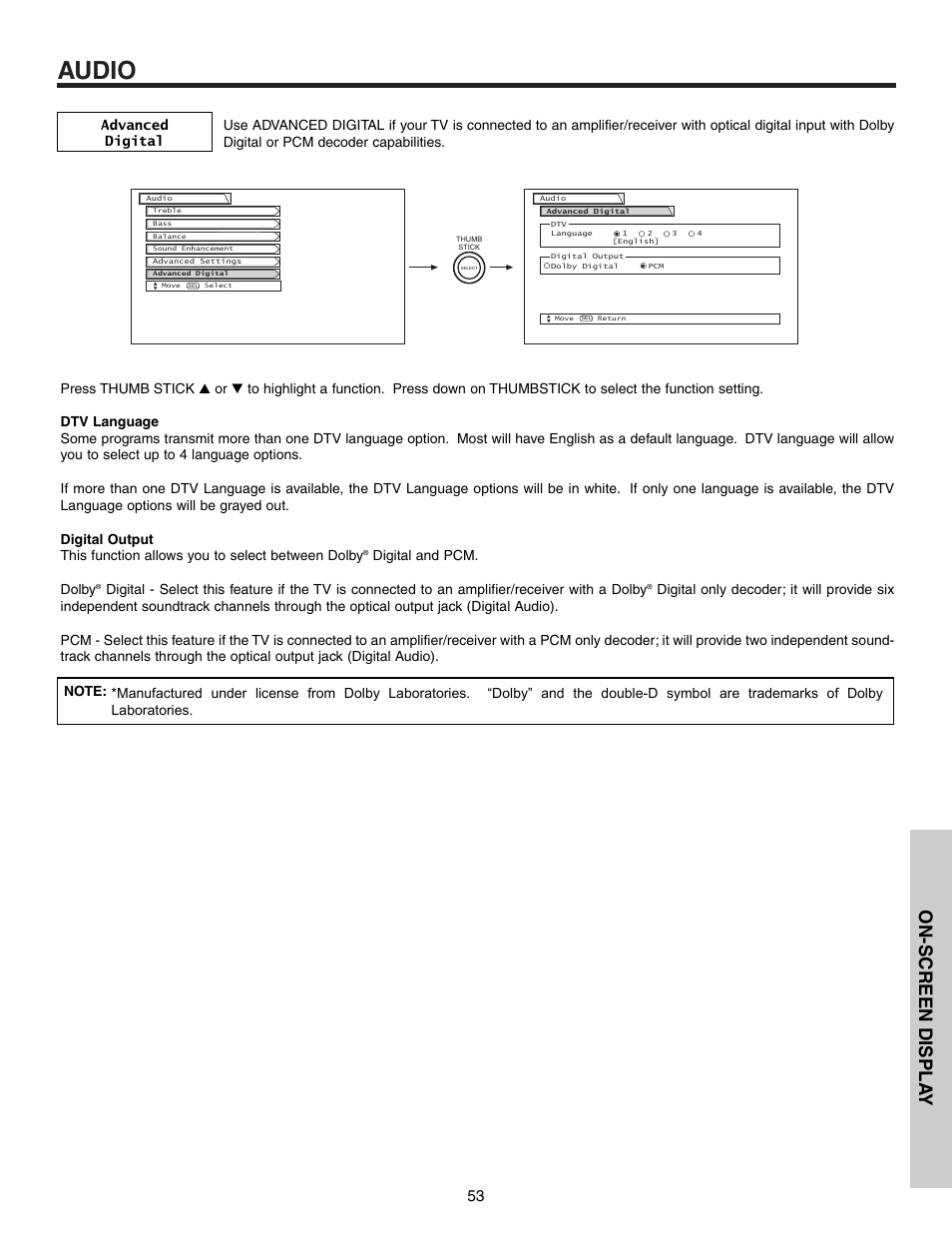 Audio, On-screen displa y, Digital and pcm. dolby | Hitachi 57T600 User Manual | Page 53 / 80