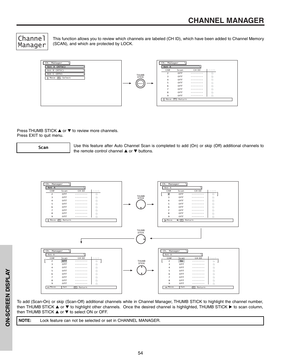 Channel manager, On-screen displa y | Hitachi 57T600 User Manual | Page 54 / 80