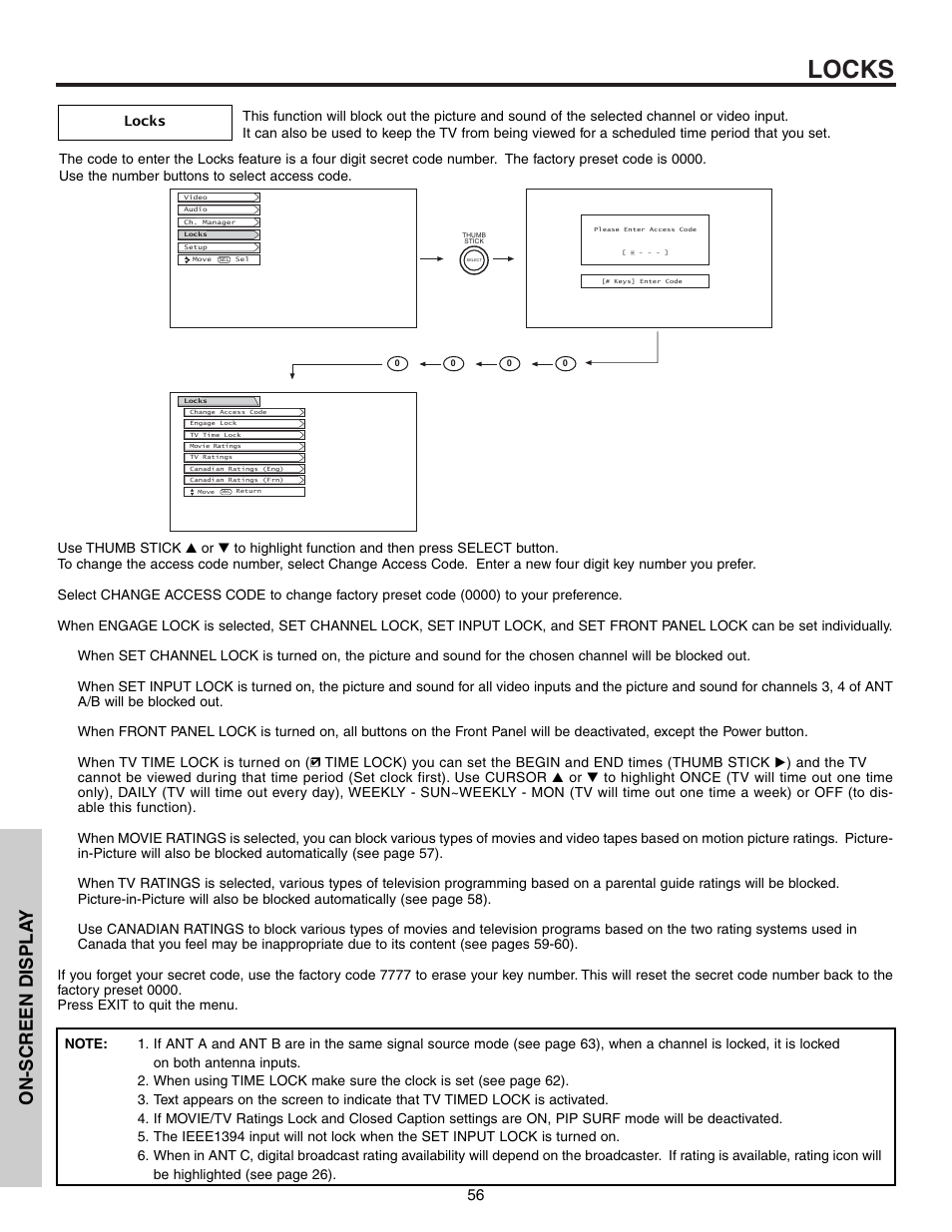 Locks, On-screen displa y | Hitachi 57T600 User Manual | Page 56 / 80