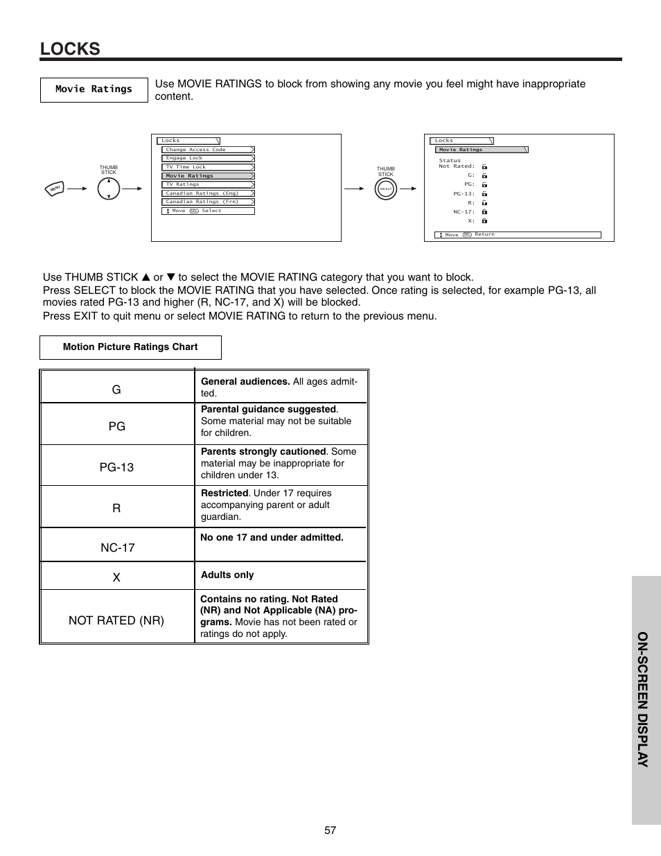 Locks, On-screen displa y, Gpg pg-13 r nc-17 x not rated (nr) | Movie ratings, Motion picture ratings chart | Hitachi 57T600 User Manual | Page 57 / 80