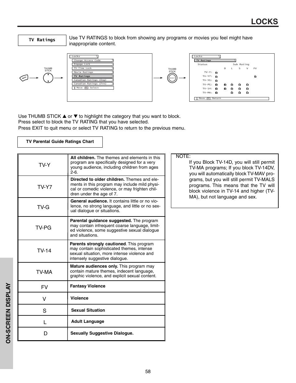 Locks, On-screen displa y, Tv-y tv-y7 tv-g tv-pg tv-14 tv-ma | Hitachi 57T600 User Manual | Page 58 / 80