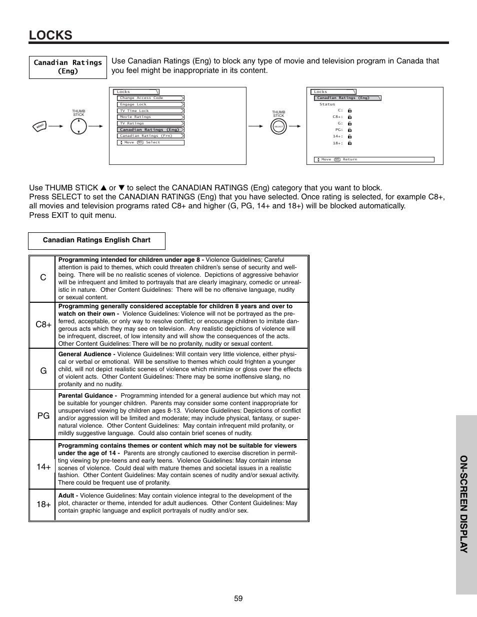 Locks, On-screen displa y, Canadian ratings (eng) | Canadian ratings english chart | Hitachi 57T600 User Manual | Page 59 / 80