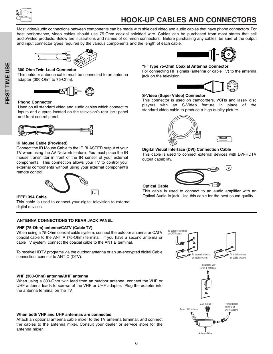 Hook-up cables and connectors, First time use | Hitachi 57T600 User Manual | Page 6 / 80