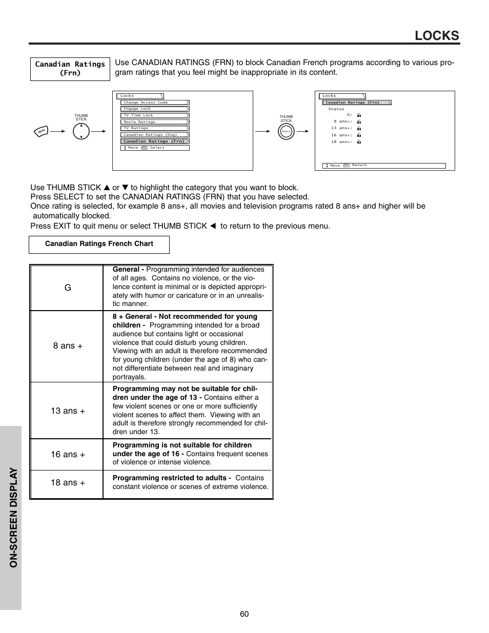 Locks, On-screen displa y | Hitachi 57T600 User Manual | Page 60 / 80