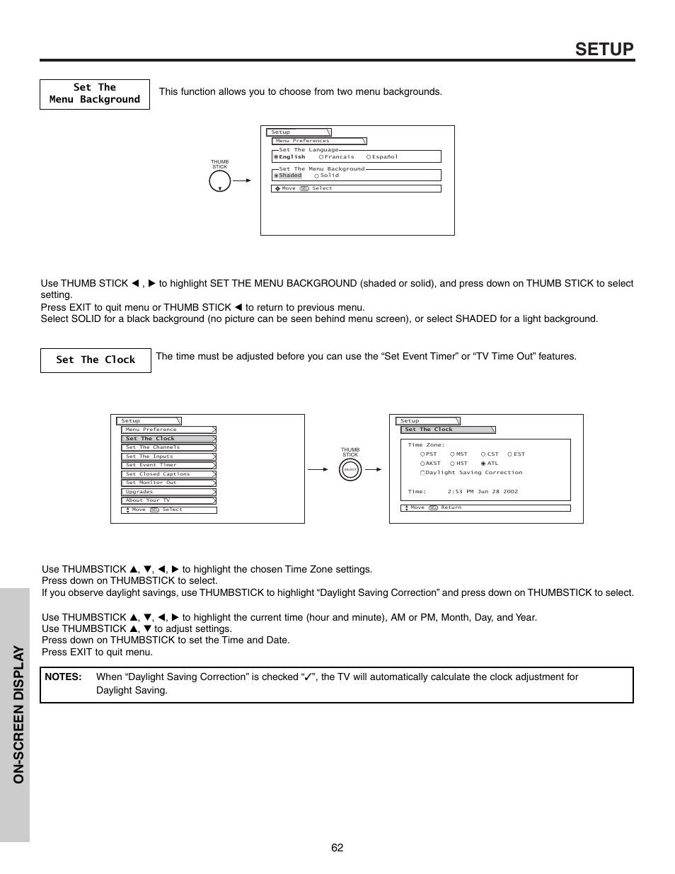 Setup, On-screen displa y | Hitachi 57T600 User Manual | Page 62 / 80