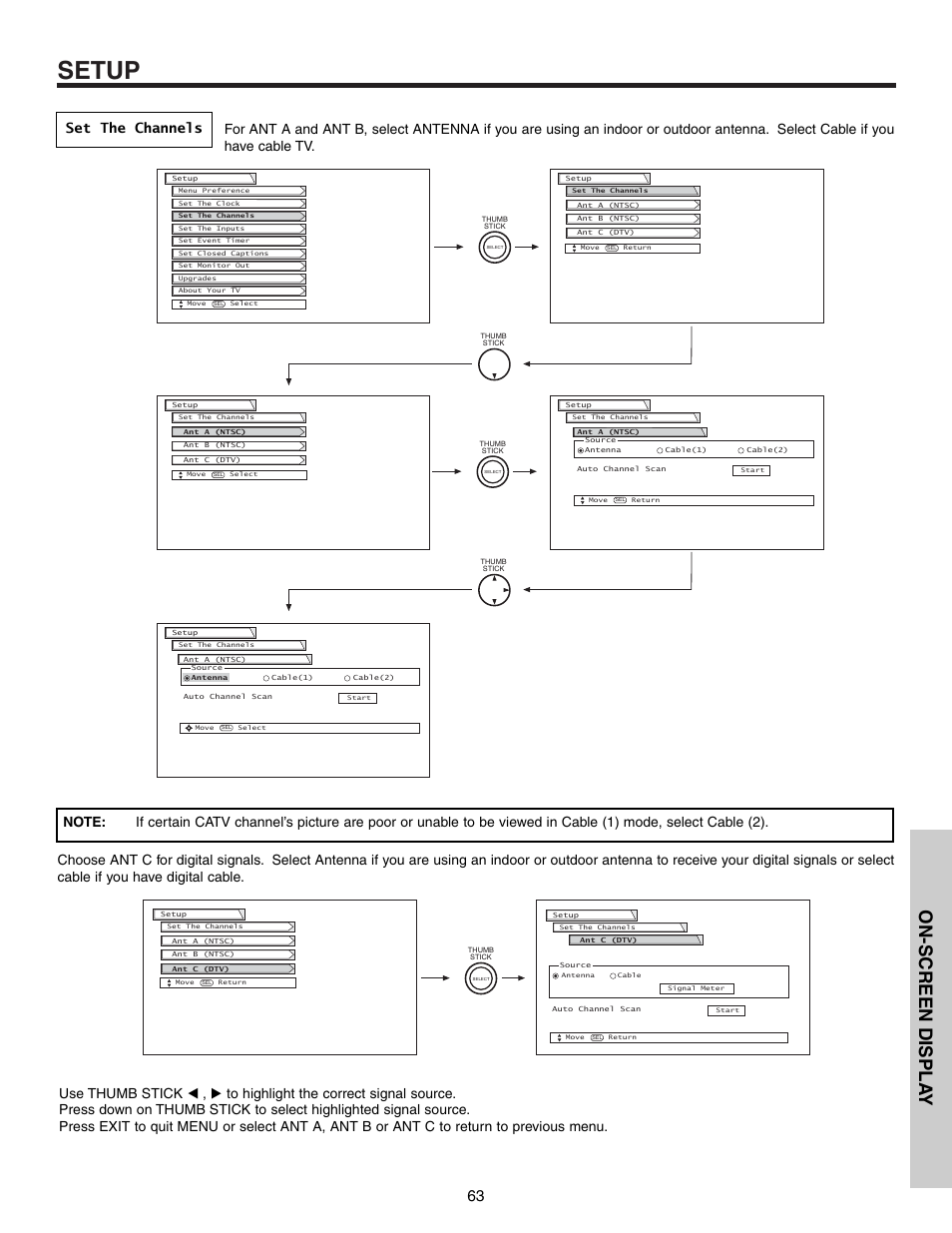 Setup, On-screen displa y | Hitachi 57T600 User Manual | Page 63 / 80