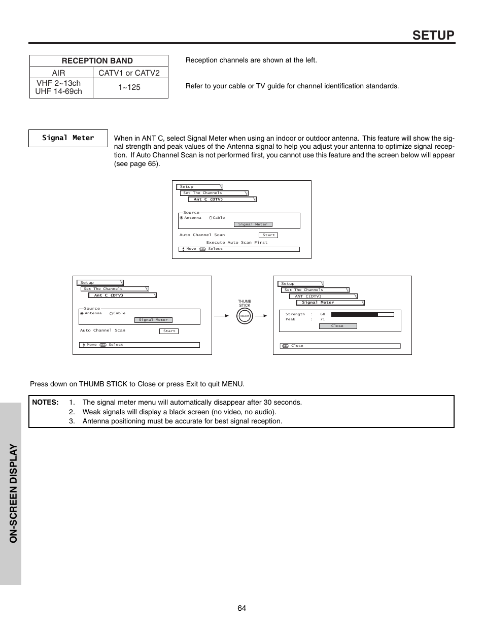 Setup, On-screen displa y | Hitachi 57T600 User Manual | Page 64 / 80