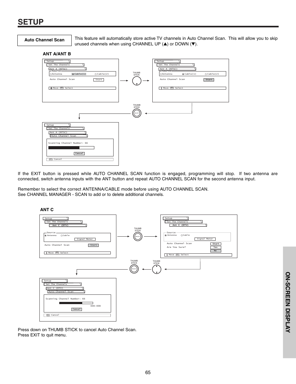 Setup, On-screen displa y, Ant a/ant b | Hitachi 57T600 User Manual | Page 65 / 80