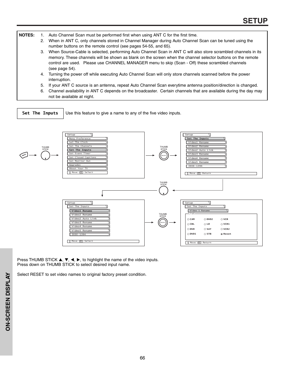 Setup, On-screen displa y | Hitachi 57T600 User Manual | Page 66 / 80