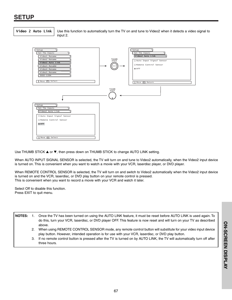 Setup, On-screen displa y | Hitachi 57T600 User Manual | Page 67 / 80