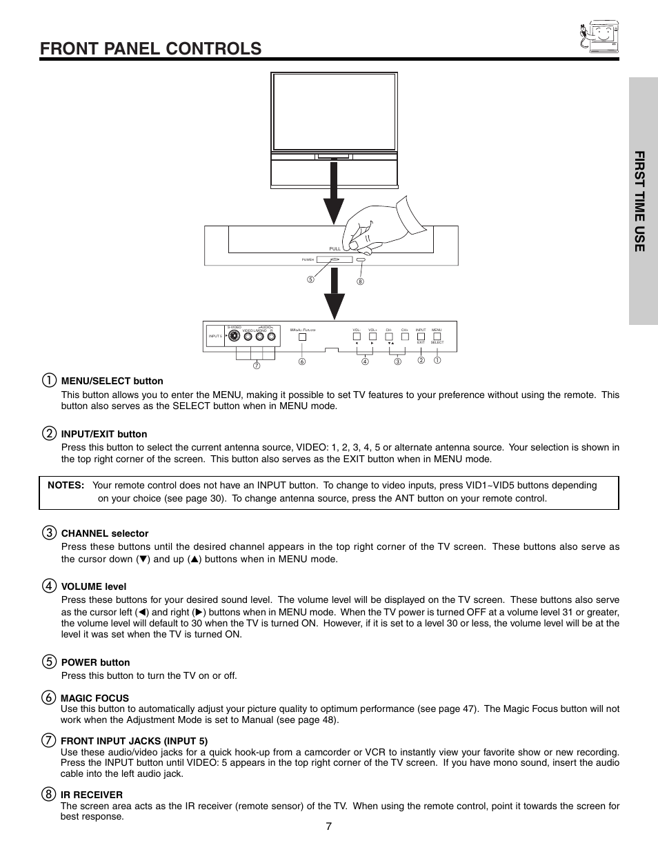 Front panel controls, First time use | Hitachi 57T600 User Manual | Page 7 / 80