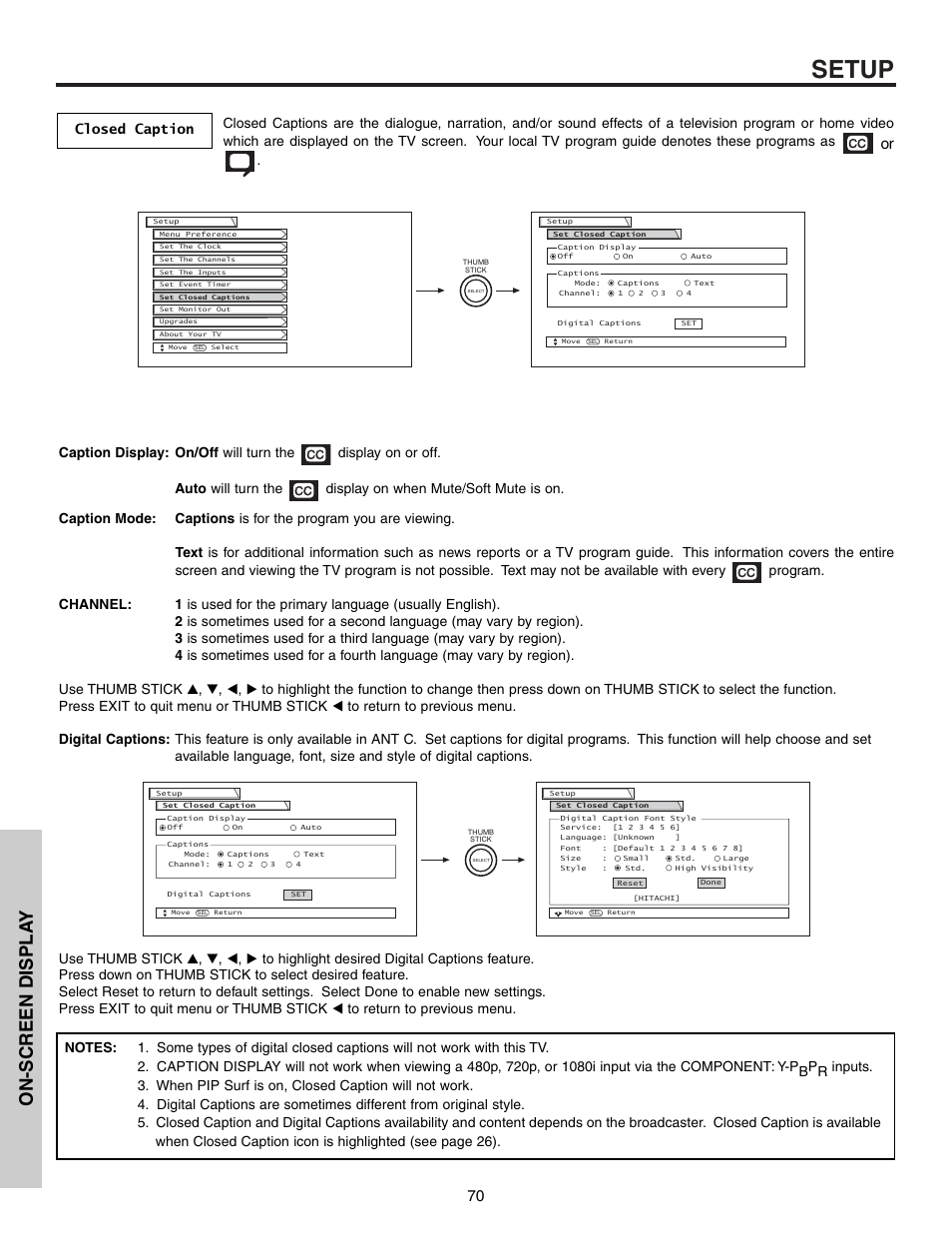 Setup, On-screen displa y, Closed caption | Hitachi 57T600 User Manual | Page 70 / 80