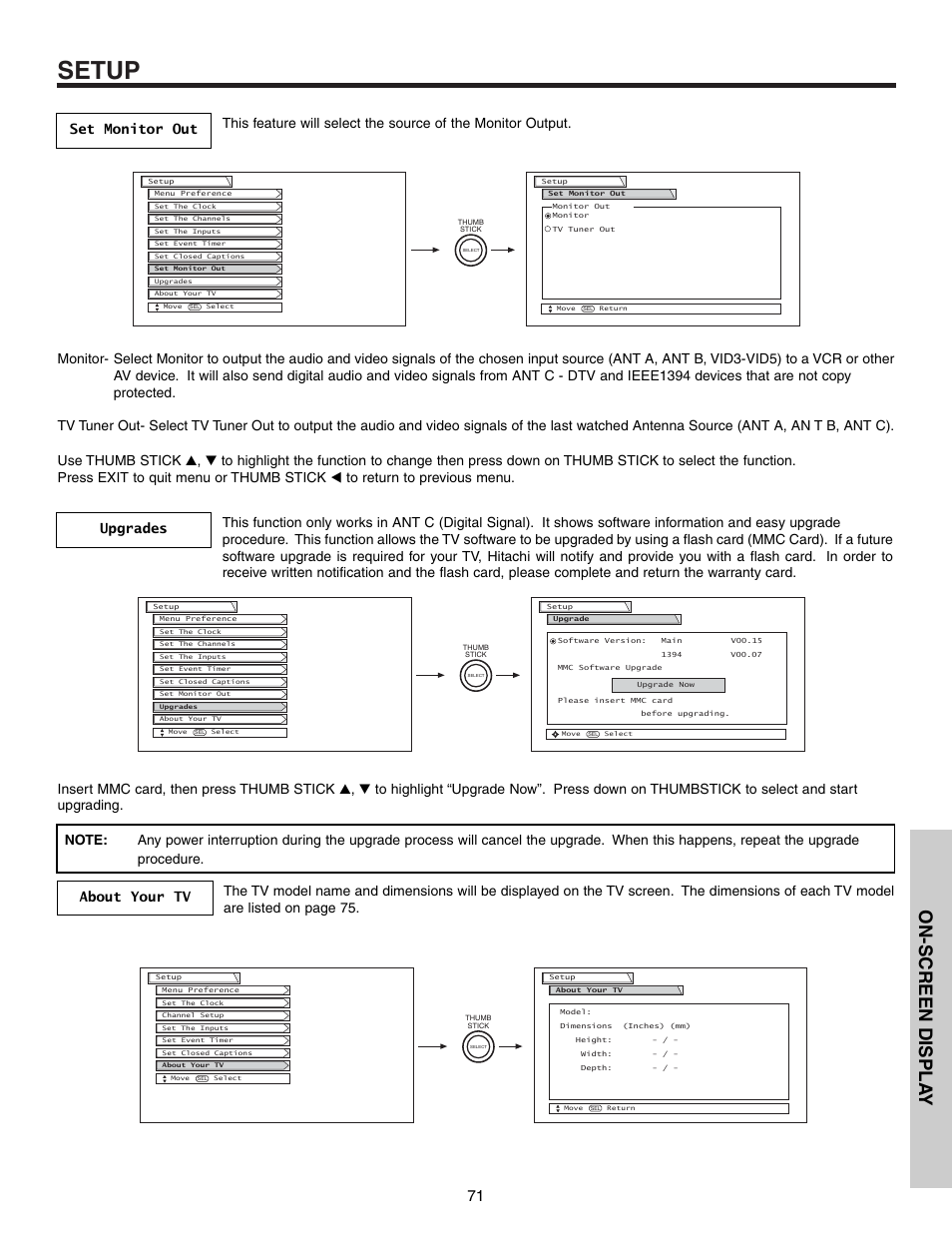 Setup, On-screen displa y | Hitachi 57T600 User Manual | Page 71 / 80